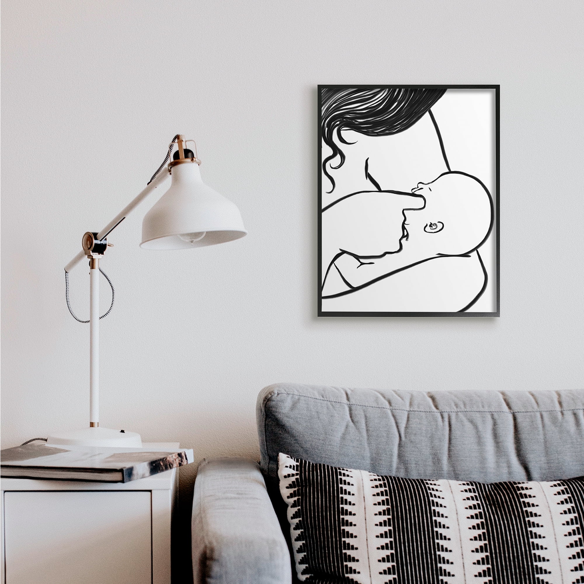 Stupell Industries Mother Nursing Child Portrait Minimal Black White Novelty Painting Black Framed Art Print Wall Art, 24 x 30