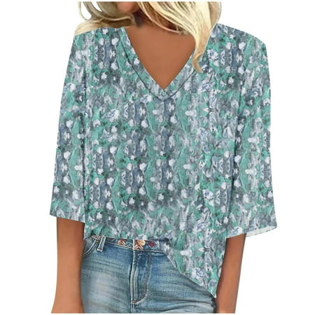 WXLWZYWL Plus Size Womens Summer Tops 3/4 Sleeve V Neck Floral Printing Boho T Shirts Casual Vintage Tees Loose Fit Blouse