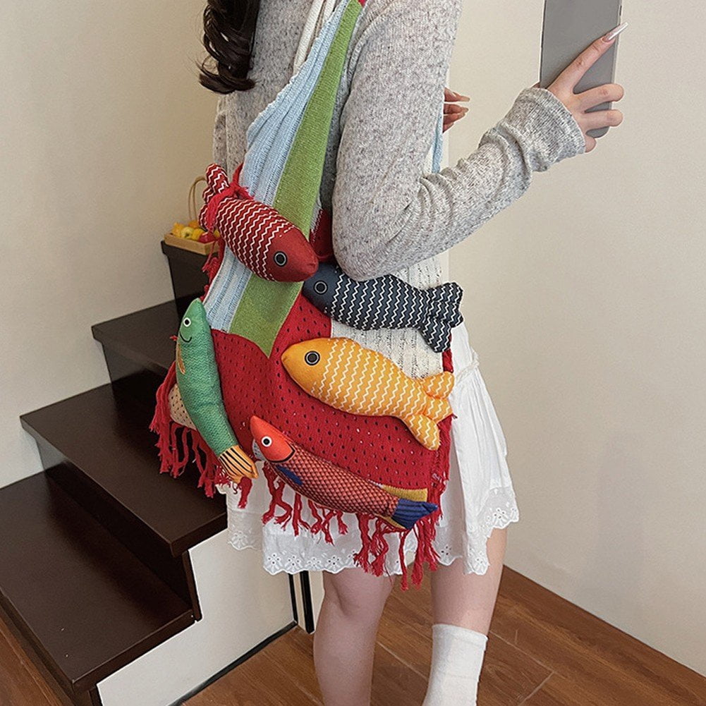 Jiibva Crochet Beach Shoulder Bag for Women Summer Tote handbags Shoulder Boho Bag with Handmade Fish for Summer Vacation