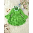 thumbnail image 4 of Toddler Girls Spring Outfits Solid Color Long Sleeve Tops Letter Green Four-Leaf Clover Print Flare Pants Headband 3Pcs Set, 4 of 9