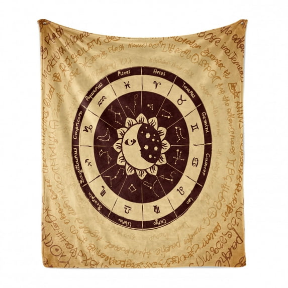 Zodiac Moon Soft Flannel Fleece Throw Blanket, Horoscope Wheel on Manuscript, Cozy Plush for Indoor and Outdoor Use, 60" x 80", Beige Seal Brown, by Ambesonne