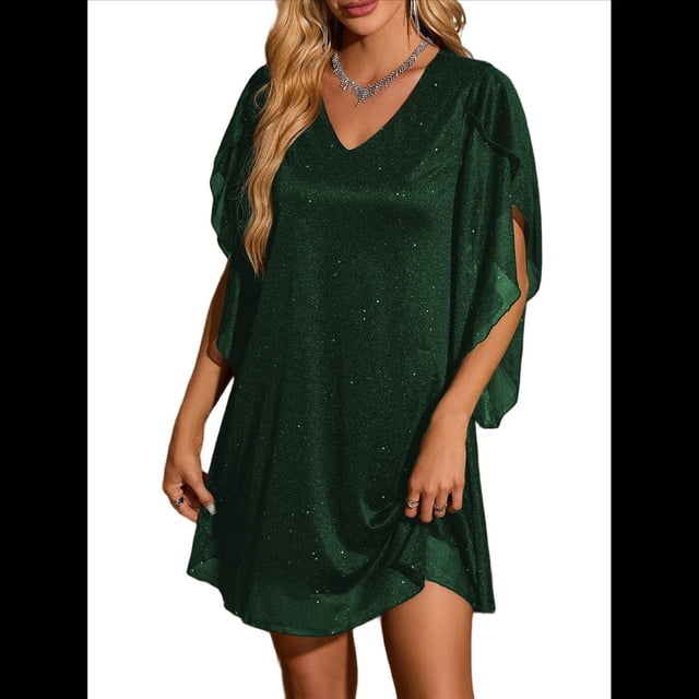 Vestido Brillante para Mujer, con Mangas Murciélago, para Cóctel y Club. Verde M