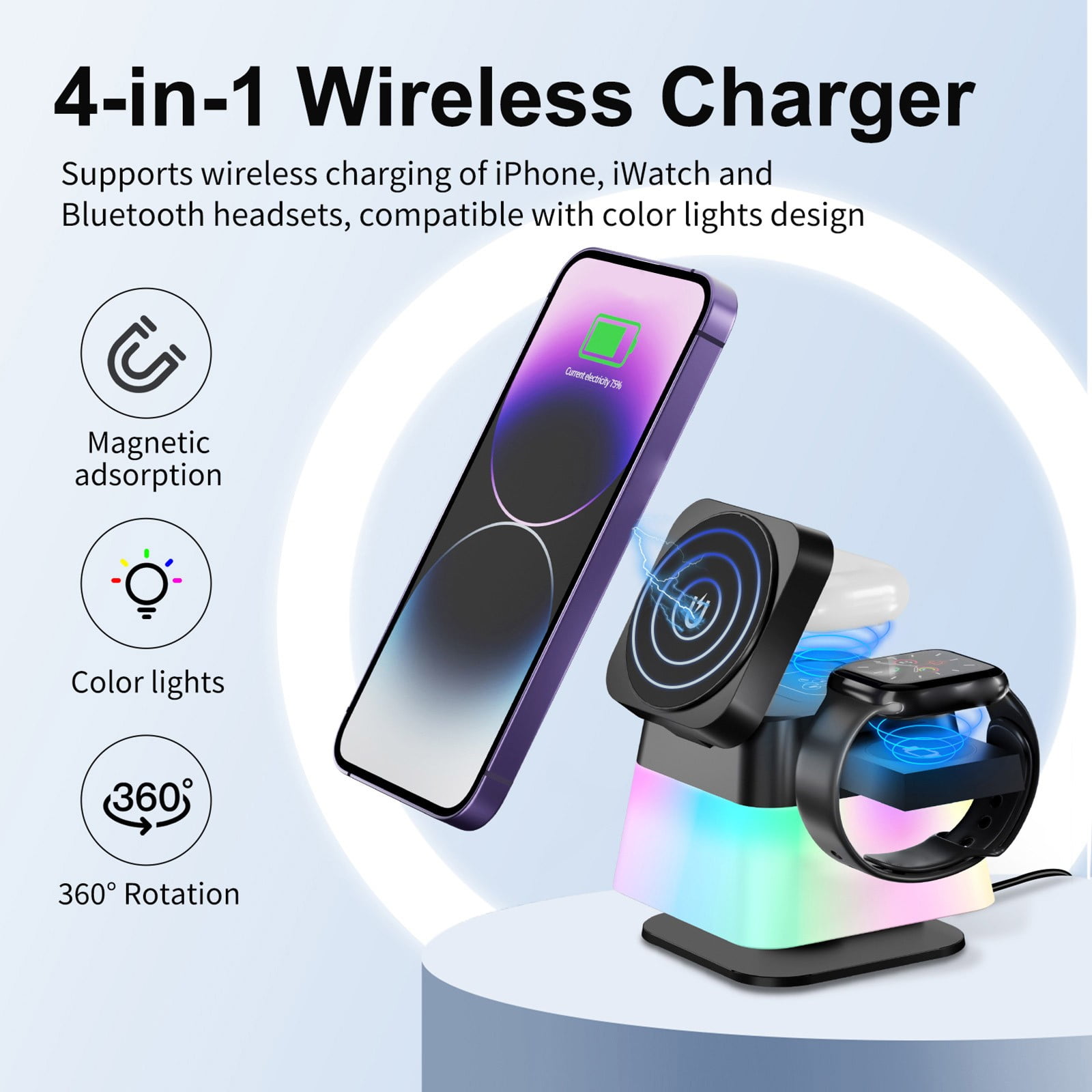 Kchsji Rotating Folding Four-in-One Desk Lamp With Wireless Charger 15W Fast Charging Magnet Adsorption Three Lighting Modes for Phone Watch Earphone Charging Home Office Study Room Bedroom Decor
