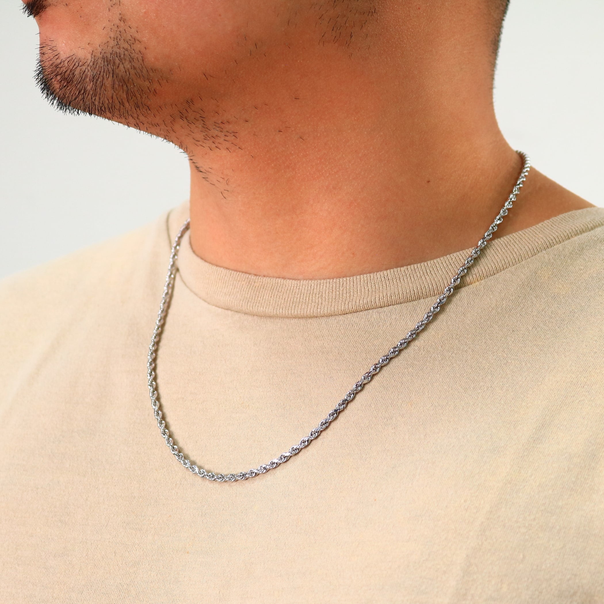 Nuragold 10k Real White Gold 3mm Rope Chain Diamond Cut Necklace (16"-30") Italian Jewelry for Men & Women