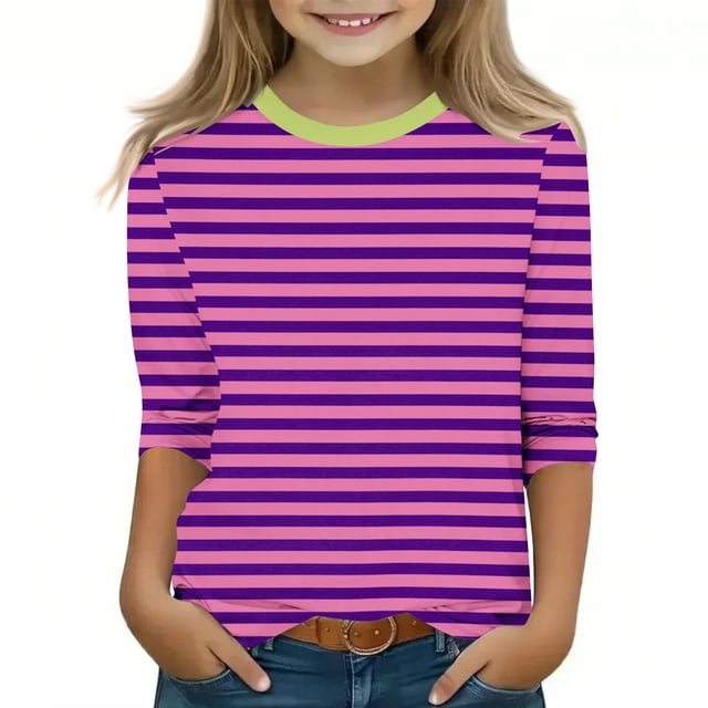 MKOSPLRT T-Shirts Rayés pour Fille Manches 3/4 Hauts Décontractés Col Rond T-Shirts à Blocs de Couleur Confortables pour Sortir Offres en Liquidation