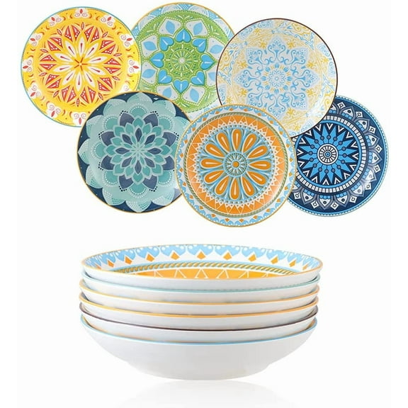 Ceramic Pasta Bowl Set of 6 - Colorful Porcelain Salad Bowls - 8-Inch Wide and Shallow Soup Plates - Microwave and Dishwasher Safe - 23 OZ
