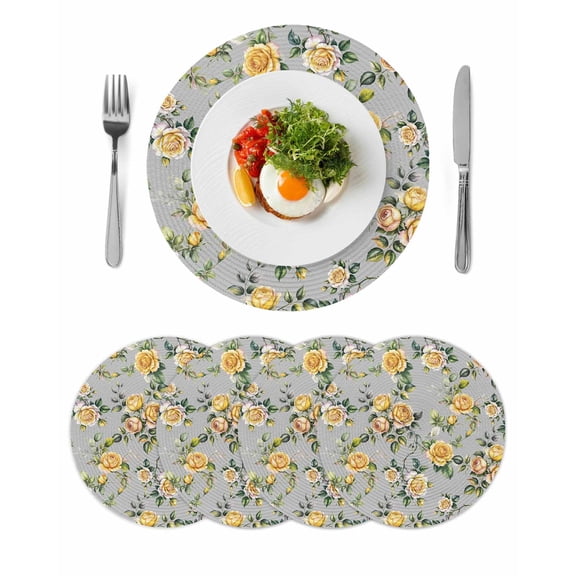 Yellow Rose Round 15 Inch Placemats Set of 4, Vintage Country Botanical Floral Vines HeatResistant Non Slip Place Mats for Dining Table, Wipeable Braided Kitchen Table Mats for Housewarming