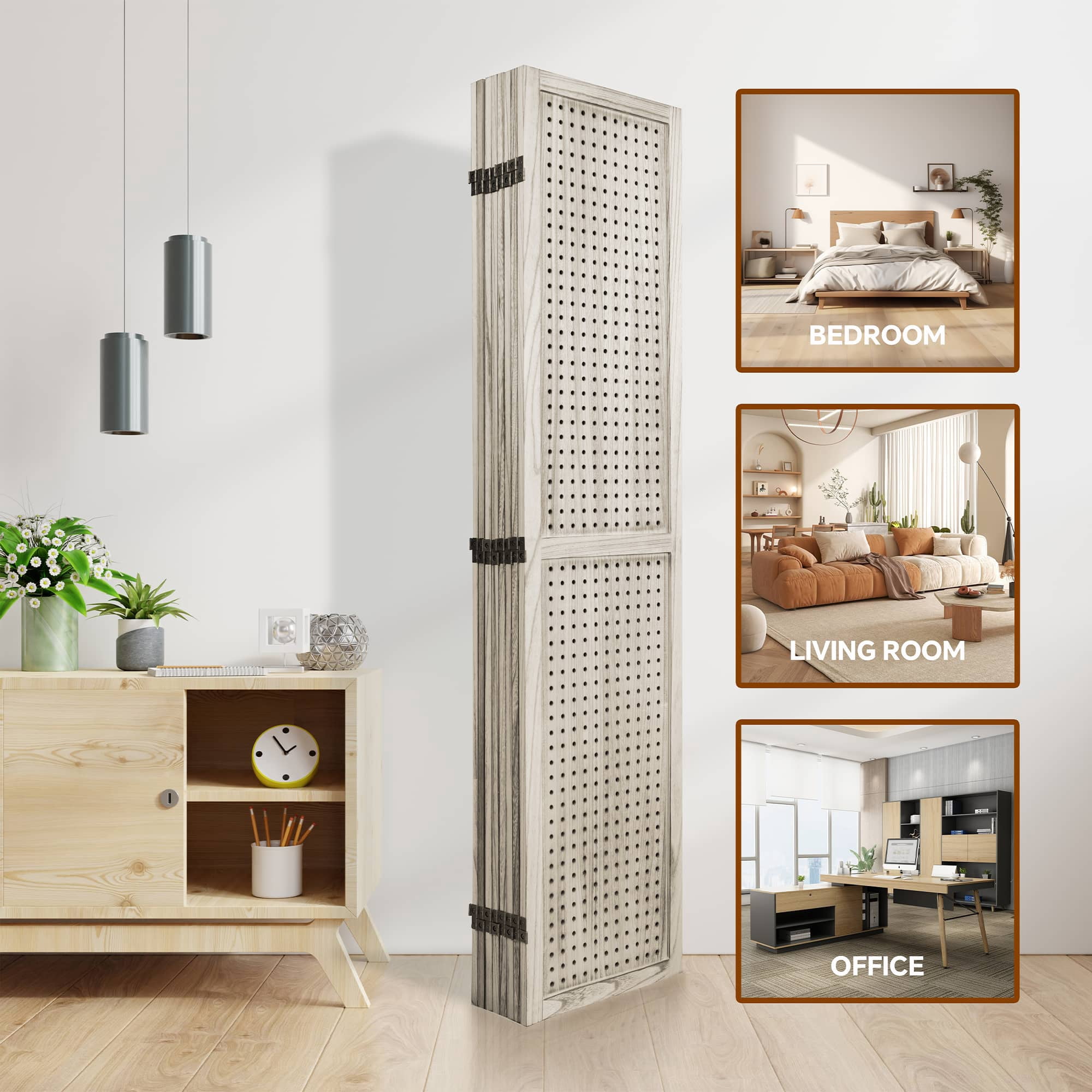 MAYEERTY 8 Panel Room Divider, 5.6Ft Wooden Freestanding Privacy Screen with Shelves, Natural Wood