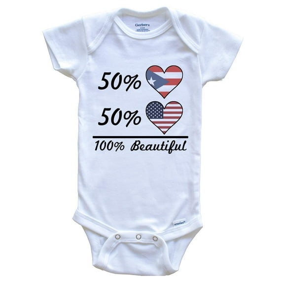 50% Puerto Rican 50% American 100% Beautiful Puerto Rico Flag Heart Baby Bodysuit, 0-3 Months White