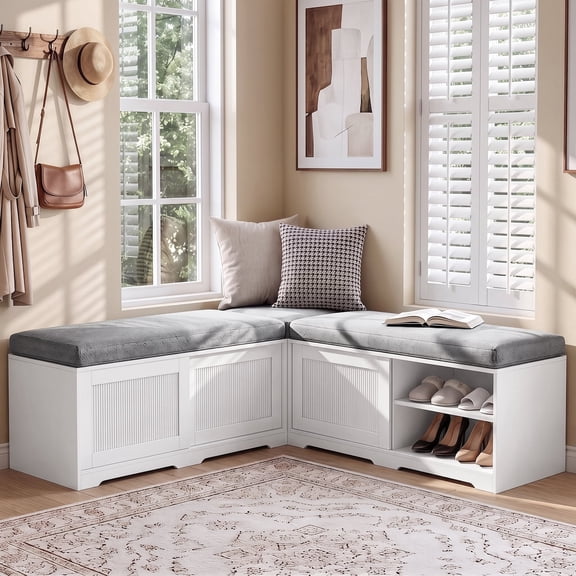 NIUEJOI L-Shaped Shoe Bench with Cushion, Corner Storage Bench with Sliding doors & Adjustable Shelves for Entryway, White