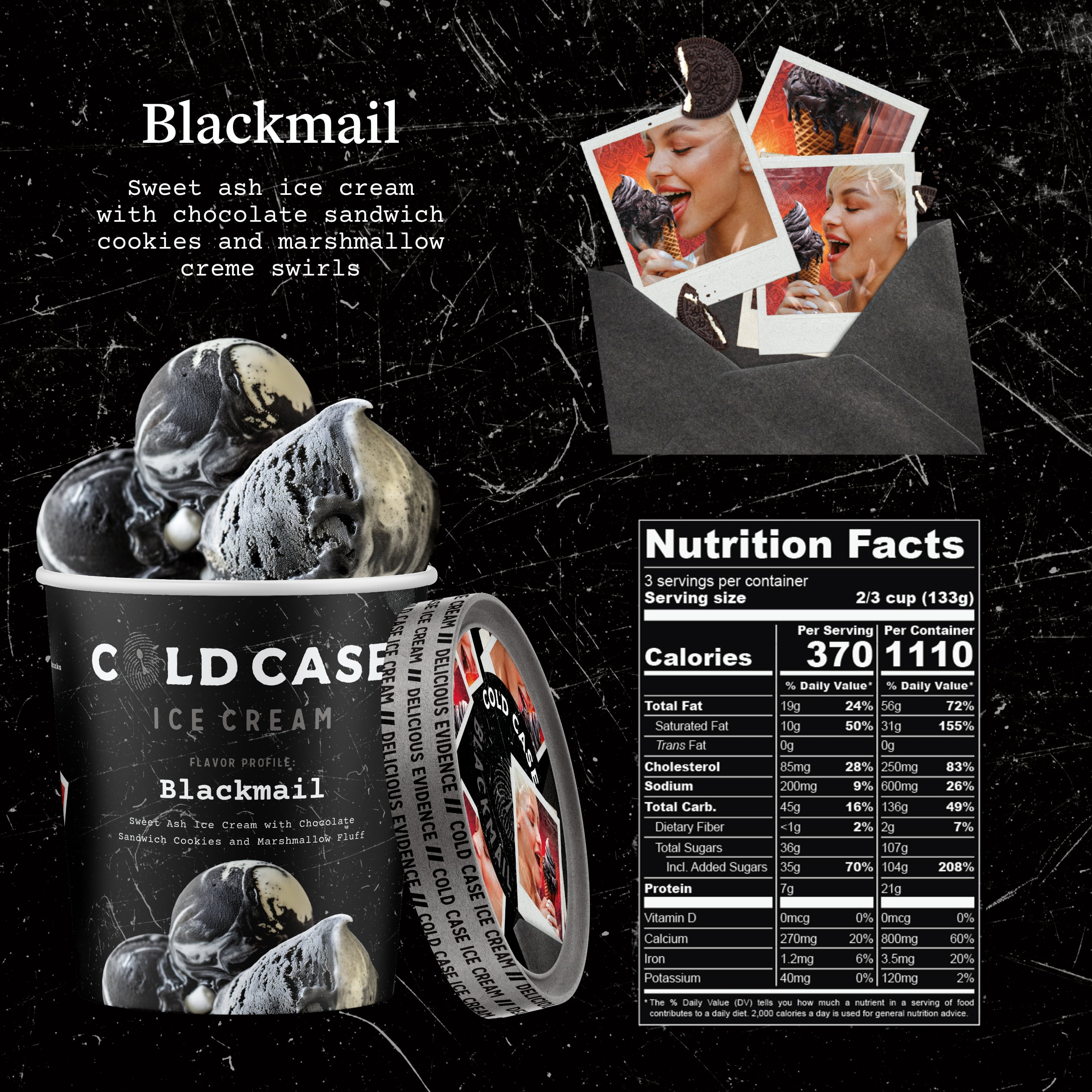 Cold Case Ice Cream Blackmail Flavor - Gourmet Sweet Ash Ice Cream with Chocolate Sandwich Cookies and Marshmallow Creme Swirls - 1 Case, 6 Pints,16 oz/Pint