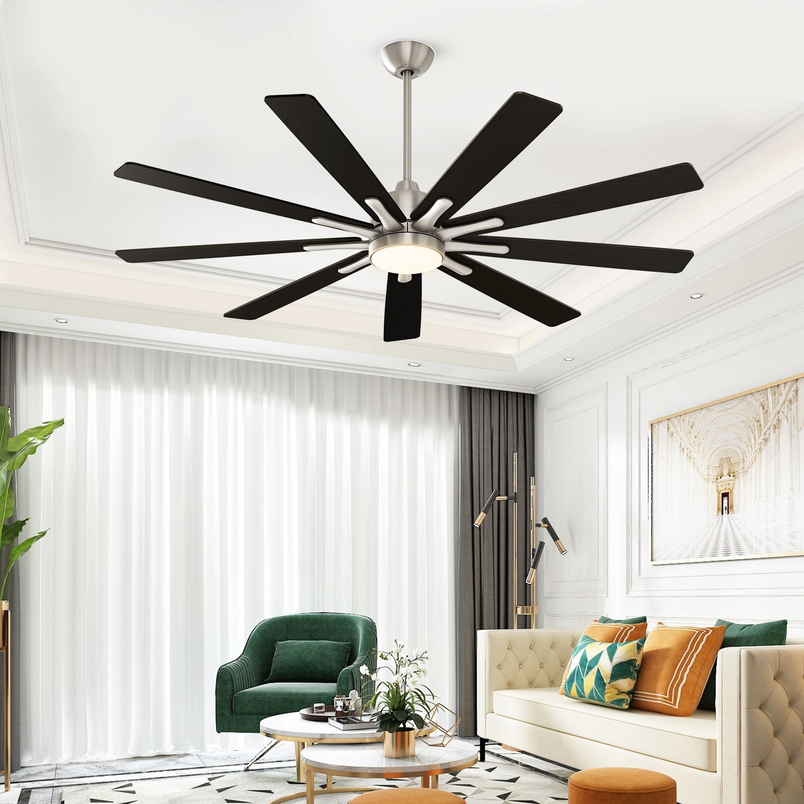 Warmiplanet 62" 9-Blade Satin Nickel Modern Ceiling Fan with LED Light Kit, Powerful DC Motor, High Airflow, 6-Speed, Reversible & Timer