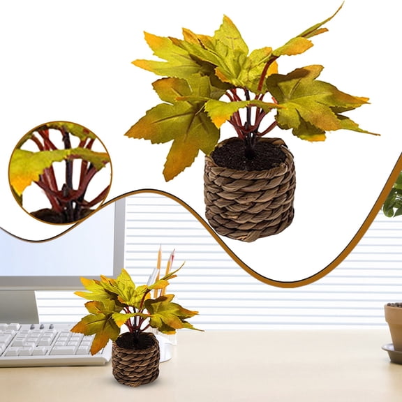 Artificial Fall Maple Potted Plant, Realistic Autumn Maple Leaf Bonsai With Woven Basket Pot,Fall Center Piece For Table,Thanksgiving Centerpieces For Tables,Farmhouse Shelf Mantel Home Decoration