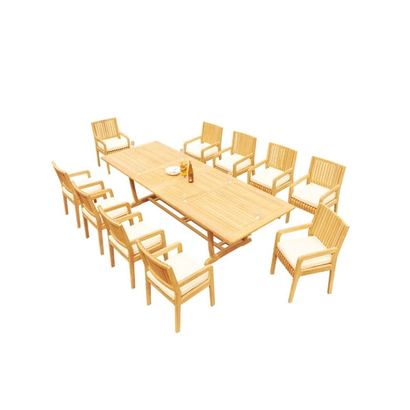 Grade-A Teak Dining Set: 10 Seater 11 Pc: 118" Mas Rectangle Trestle Leg Table And 10 Maldives Arm Chairs Outdoor Patio WholesaleTeak #51ML2511