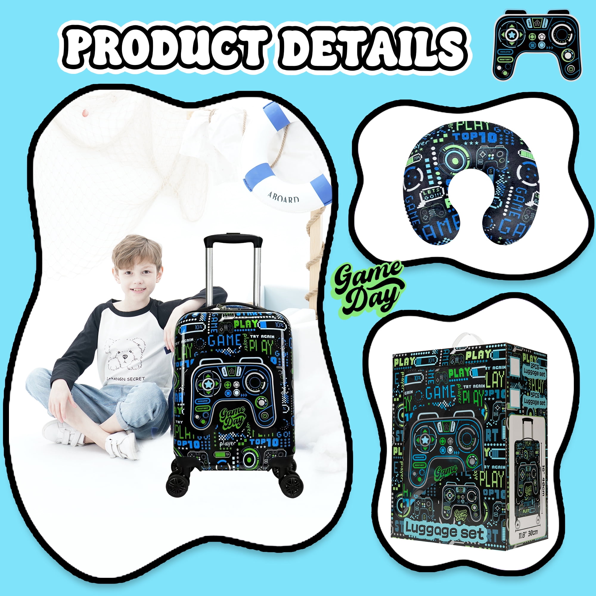 Kids Carry on Luggage Sets 2 Piece with Travel Pillow Hardshell Kids' Suitcases for Boys with Wheels Toddler Travel Essentials Airline Approved