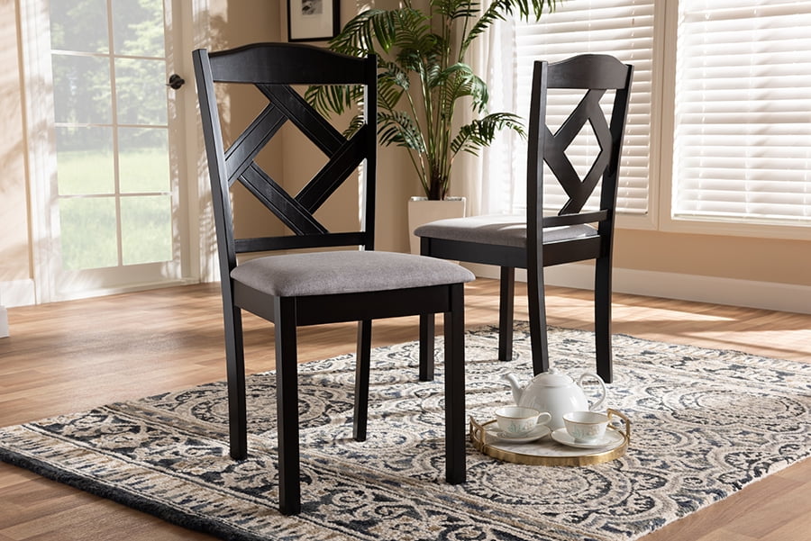 Set of 4 Baxton Studio Claire Dark Brown Finished Fabric Upholstered Dining Chair Grey