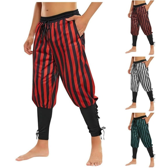 Miluxas Men's Ankle Banded Pants Medieval Viking Navigator Pirate Costume Trousers Renaissance Gothic Pants Red