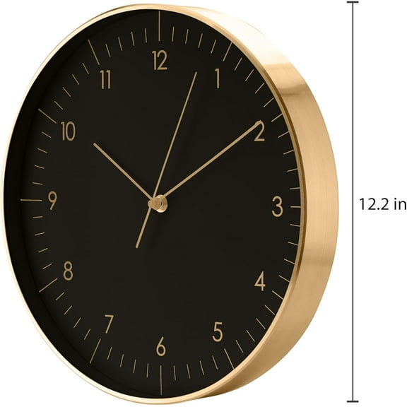 Modern Wall Clock with Silent Quartz Movement, Black & Gold, 12 Inch, & Functional Decor