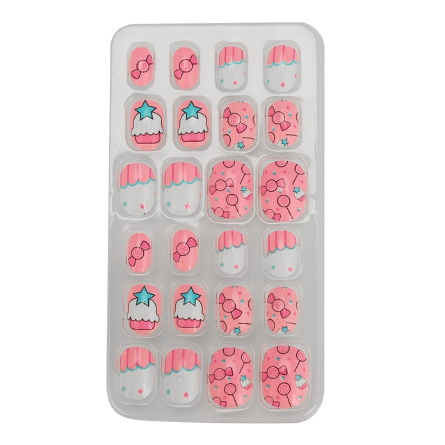 24 piezas de uñas postizas extraíbles para niños con patrón de dibujos animados, uñas postizas artificiales de cobertura completa n.º 02