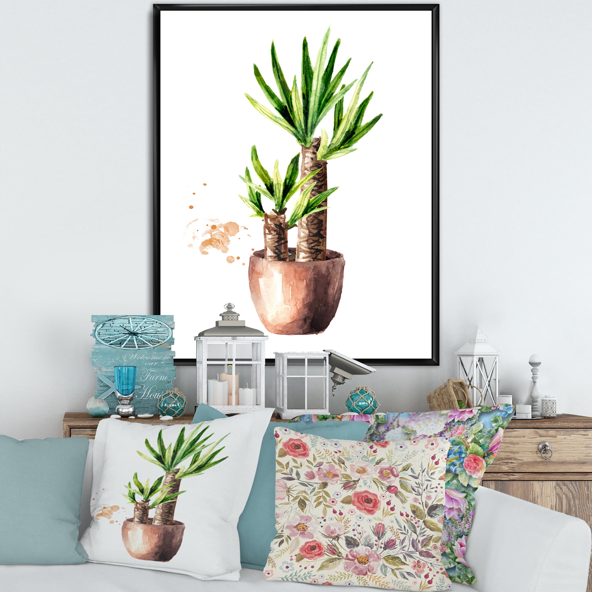Designart 'Yucca Tree In The Ceramic Flower Pot On White' Traditional Framed Canvas Wall Art Print