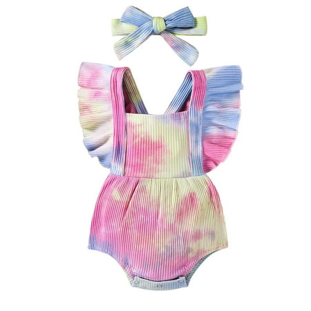 

FRSASU Clearance Toddler Girls Summerrainbow Strap One Piece Romper Headband Clothes Suit
