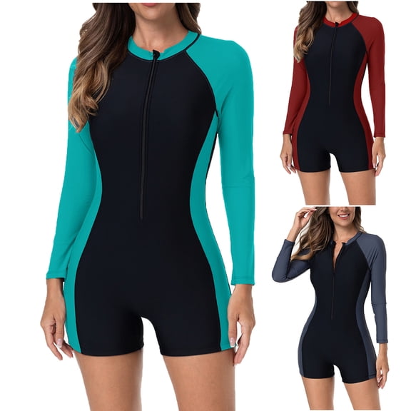 Miluxas Women Long Sleeve One Piece Swimsuit Boyleg Zipper Rash Guard Bathing Suit Coverage Surfing Swimwear Red XS(XS)