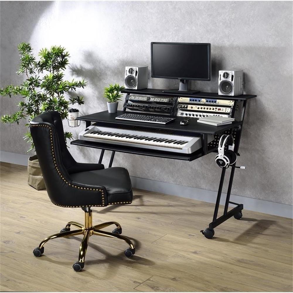 Pemberly Row 1-Shelf Music Recording Studio Desk in Black with 1 Keyboard Tray, 4 Caster Wheels, 1 Cup Holder, 47"L x 27"W x 38"H
