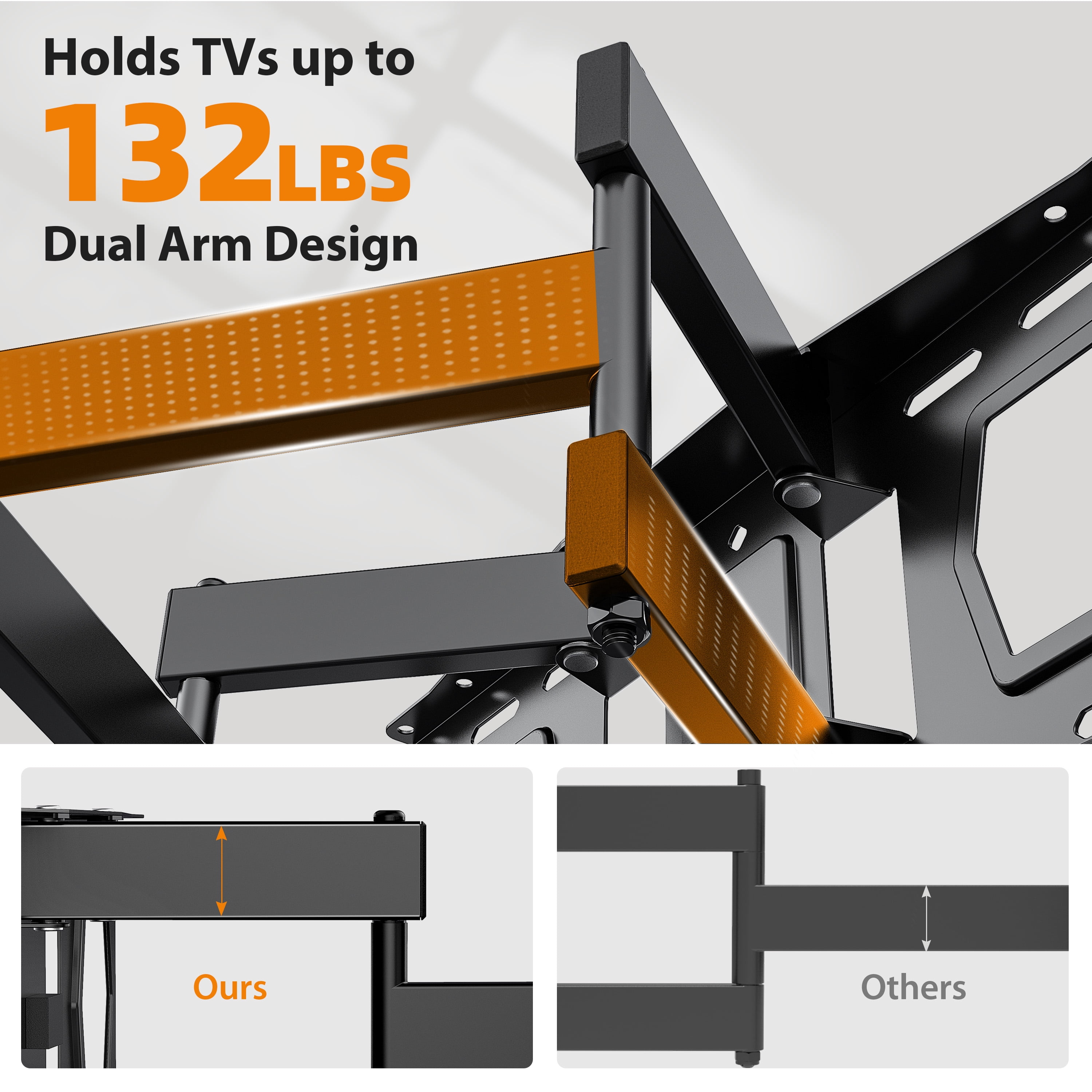 MountLiving Full Motion TV Wall Mount for 37-90 inch Screens, Dual Arm Design with Swivel & Tilt, Max VESA 600x400mm, 132 lbs, Fits 8"/12"/16" Studs