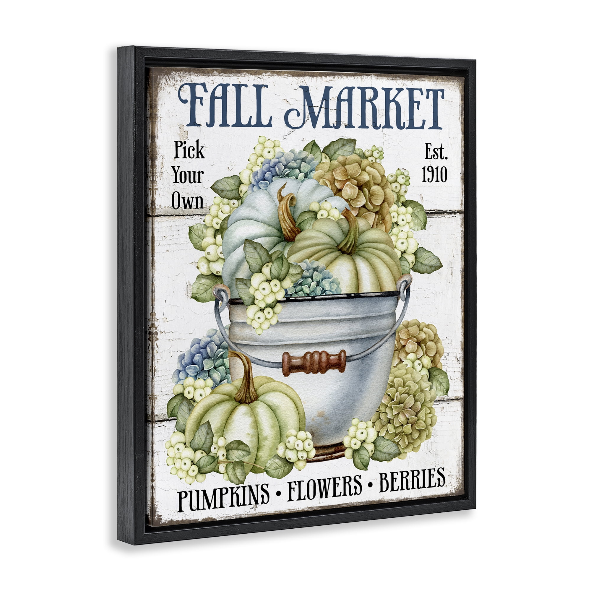 Stupell Industries Vintage Pumpkins & Hydgrangea Holiday Painting Black Floater Framed Canvas Art Prints Wall Art, 17 x 21