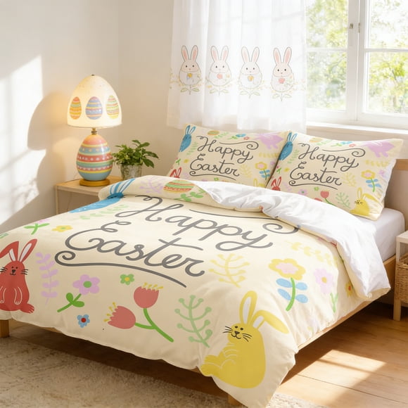 Juego de funda nórdica y funda de almohada de Pascua | Ropa de cama con estampado de conejo y huevo de dibujos animados | Decoración de dormitorio de microfibra suave