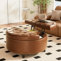 Joywind 31.5" Round Storage Ottoman with Lift Top, Modern Leather Ottoman Coffee Table for Living Room, Brown