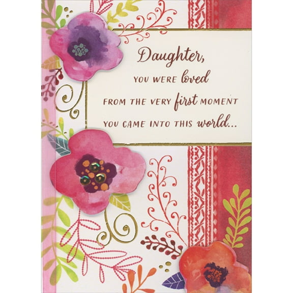 Designer Greetings From the Very First Moment: Three 3D Die Cut Flowers, Pink Ribbon and Vines Hand Decorated Valentine's Day Card for Daughter