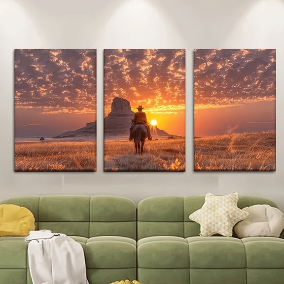 3pcs/set, Canvas painting--Unframed, 30x20inch, Western cowboy riding a horse at sunset, Wall decoration, bedroom, living room, library, office, cafe, bar, abstract art, perfect birthday, holiday gi
