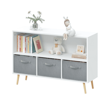 Kids Bookcase with Collapsible Fabric Drawers, Children's Book Display, Toy Storage Cabinet Organizer, White/Gray
