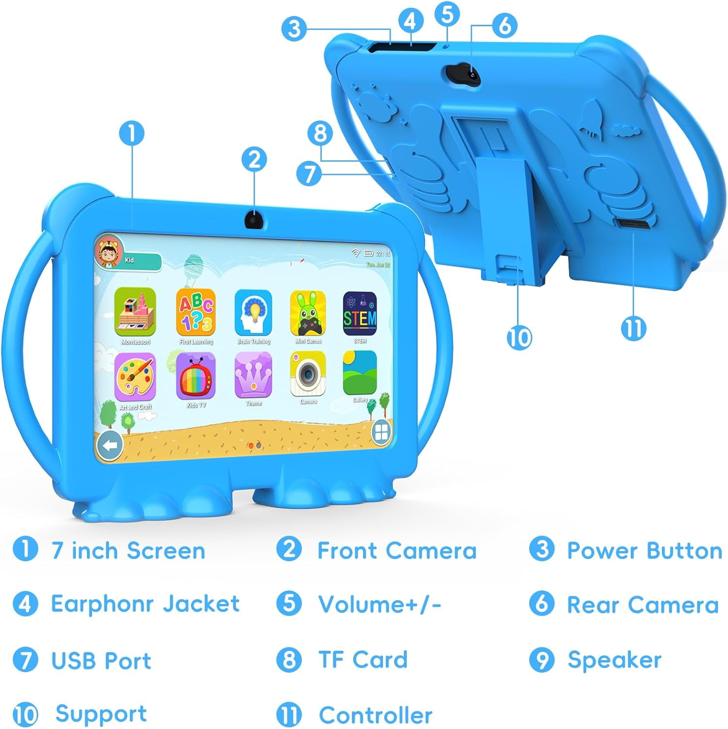 Kids Tablets 7 inch, Android 12 Tablet for Kids, 4GB RAM 32GB ROM, 512GB Expandable, with Parental Control, Google Certified Toddler Tablet, WiFi, Bluetooth, Dual Camera with Silicone Case