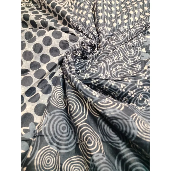 Handmade Cotton Fabric Boho Black Floral Running 5 Yard Sanganeri Voile Supply