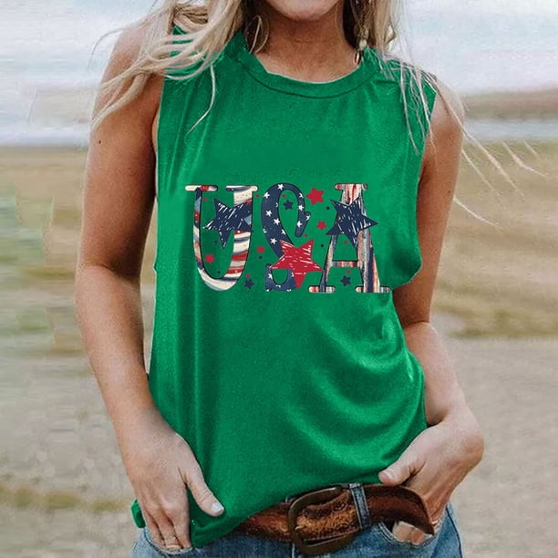 ICHUANYI Clearance Women's Fashion Vest Patriotic T-shirt Summer Loose Vest(Green, XXL) ICHUANYI WER2023081501868