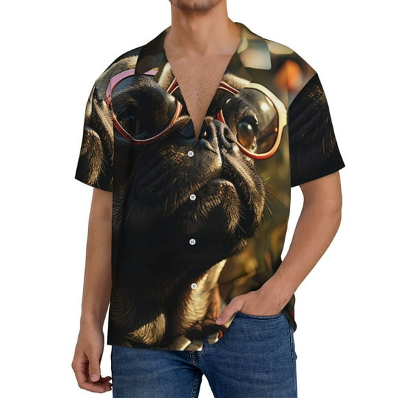 Balery Pug Wearing Sunglasses Flowers Camisa Casual de Manga Corta con Botones para Hombre, Texturizada, Estilo Cubano, para Playa, Verano-XX-Large