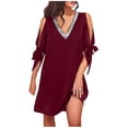 thumbnail image 2 of SMihono Robes d'Été Bohémiennes Femmes Grande Taille Mode Femmes Col en V Été Uni Décontracté Manches Courtes Mi-Mollet Robe, 2 of 7