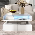 thumbnail image 3 of Lift-Top Coffee Table with 2 Drawers & LED Lights, Modern Square Glass Top Coffee Table with High-Gloss Finish, Hidden Storage Compartment, for Living Room, White, 3 of 9