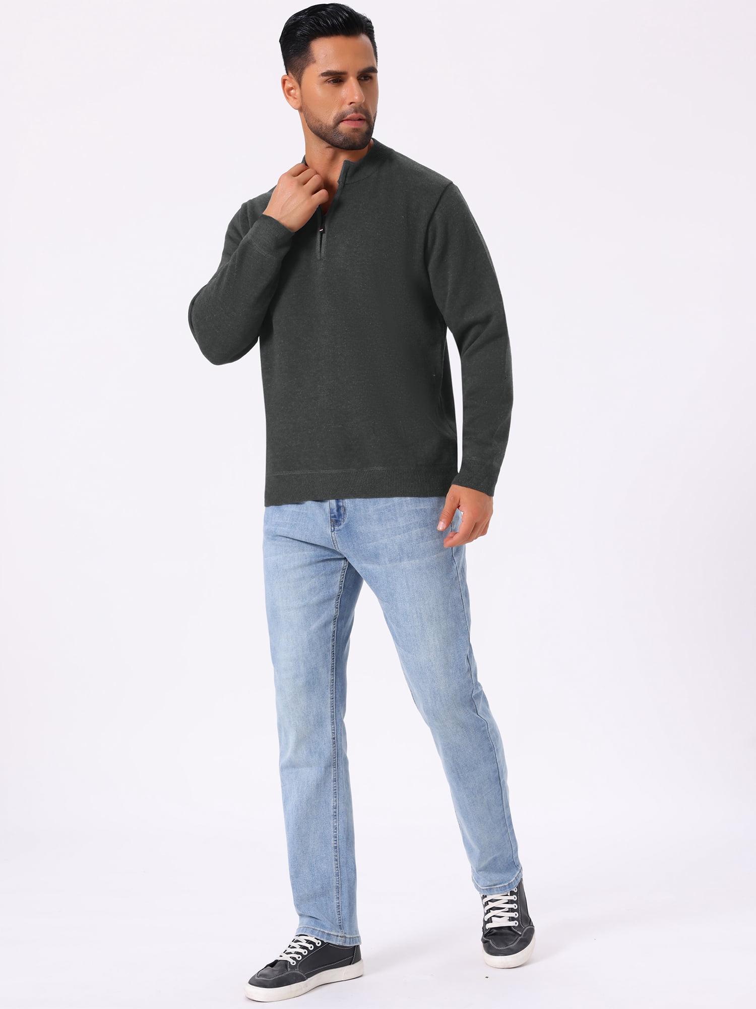 DARING DIVA Men's Mock Neck Pullover Quarter Zip Knitted Polo Sweater M Dark Gray