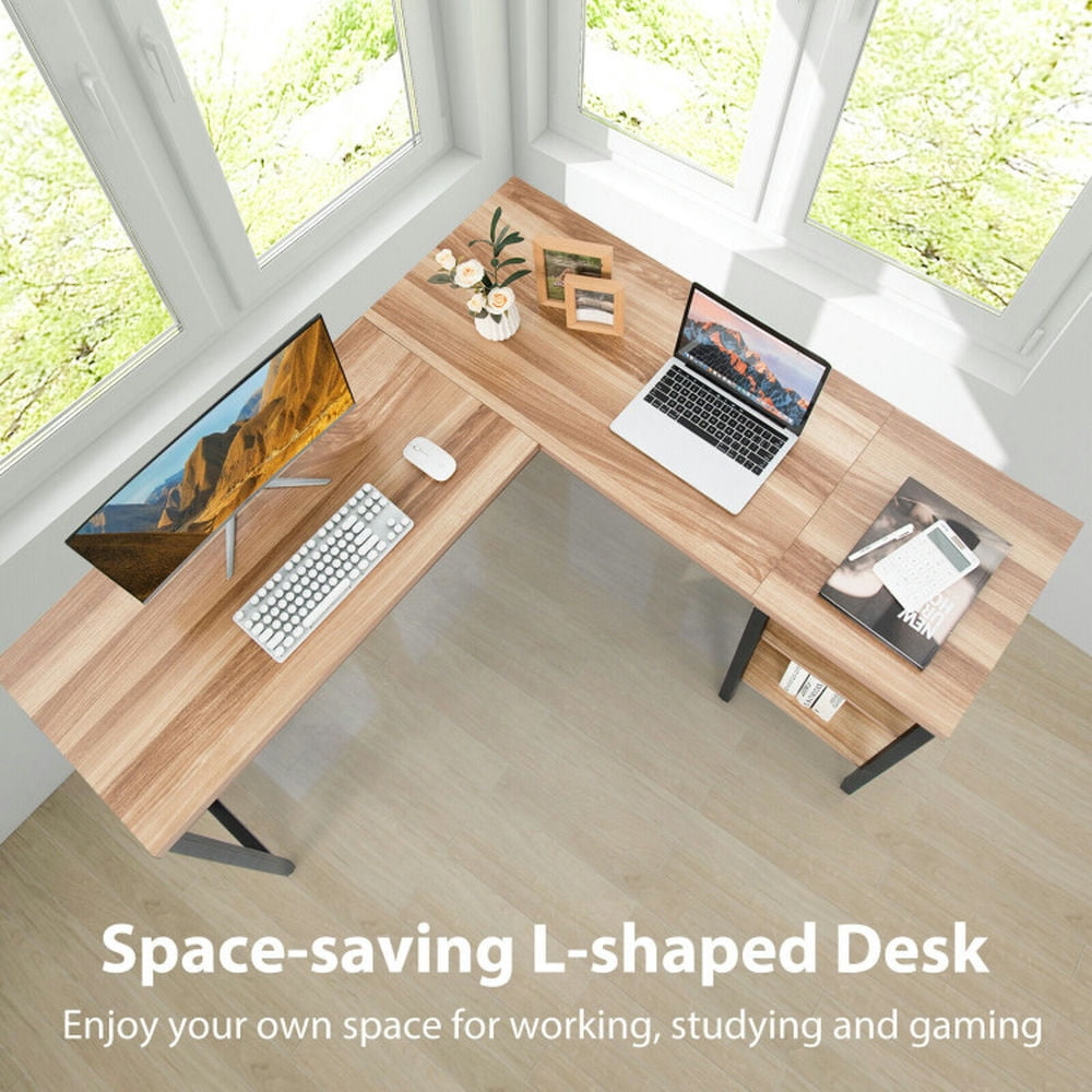Demi Bonn Industrial L-Shaped Corner Computer Desk Office Workstation with Storage Shelves, Small Home Office Desk Study Writing Table, Beige