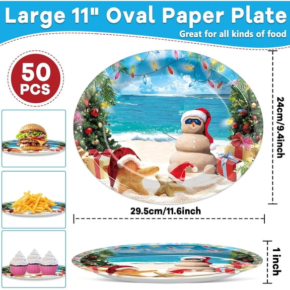 YUYAN-50 Pcs Summer July Christmas Oval Plates for Xmas Party Supplies Hawaiian Beachc Disposable Paper Plates Tropical Tableware Dinnerware Set Decorations for Birthday Party Decorations Favors