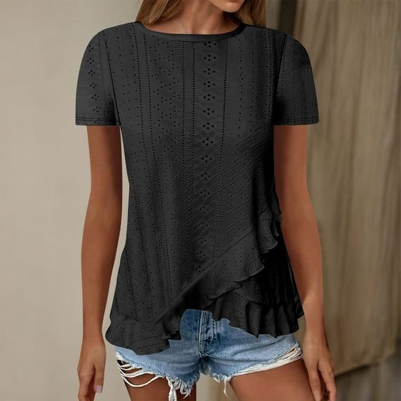 Summer Short Sleeve Tops for Women Eyelet Tshirt Round Neck Pullover Tees Solid Color Blouse Top Ruffle Hem T Shirt