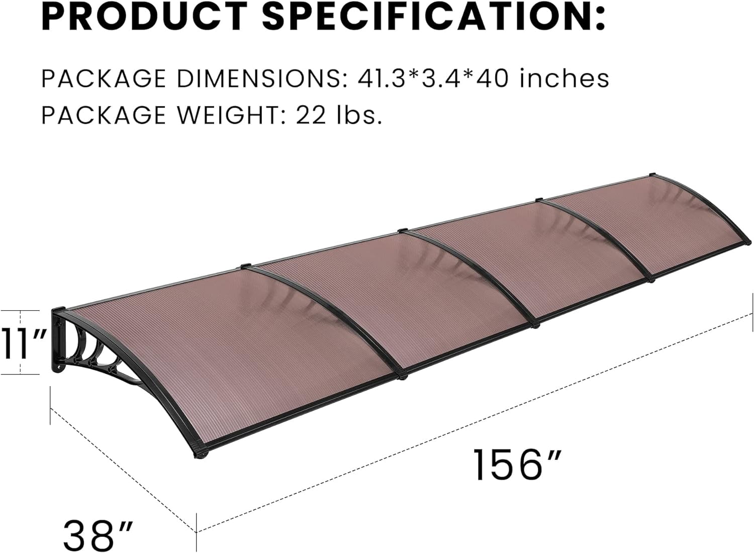 SPECSTAR Polycarbonate Window Door Awning Canopy with Black Bracket 40 Inch x 160 Inch, Brown