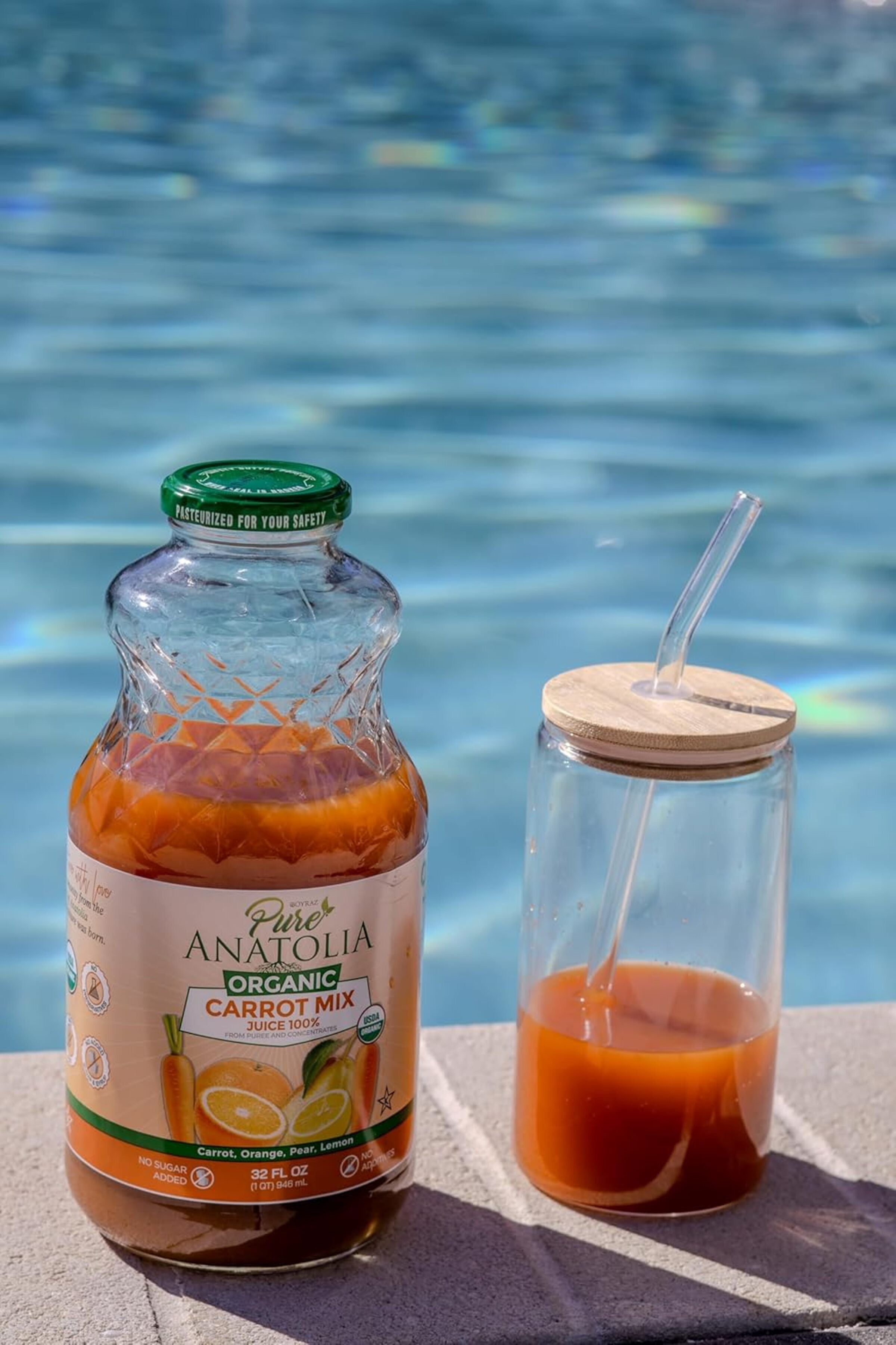 (6 pack) Pure Anatolia Organic Carrot Mix Juice, 32 Fl Oz Glass Bottle