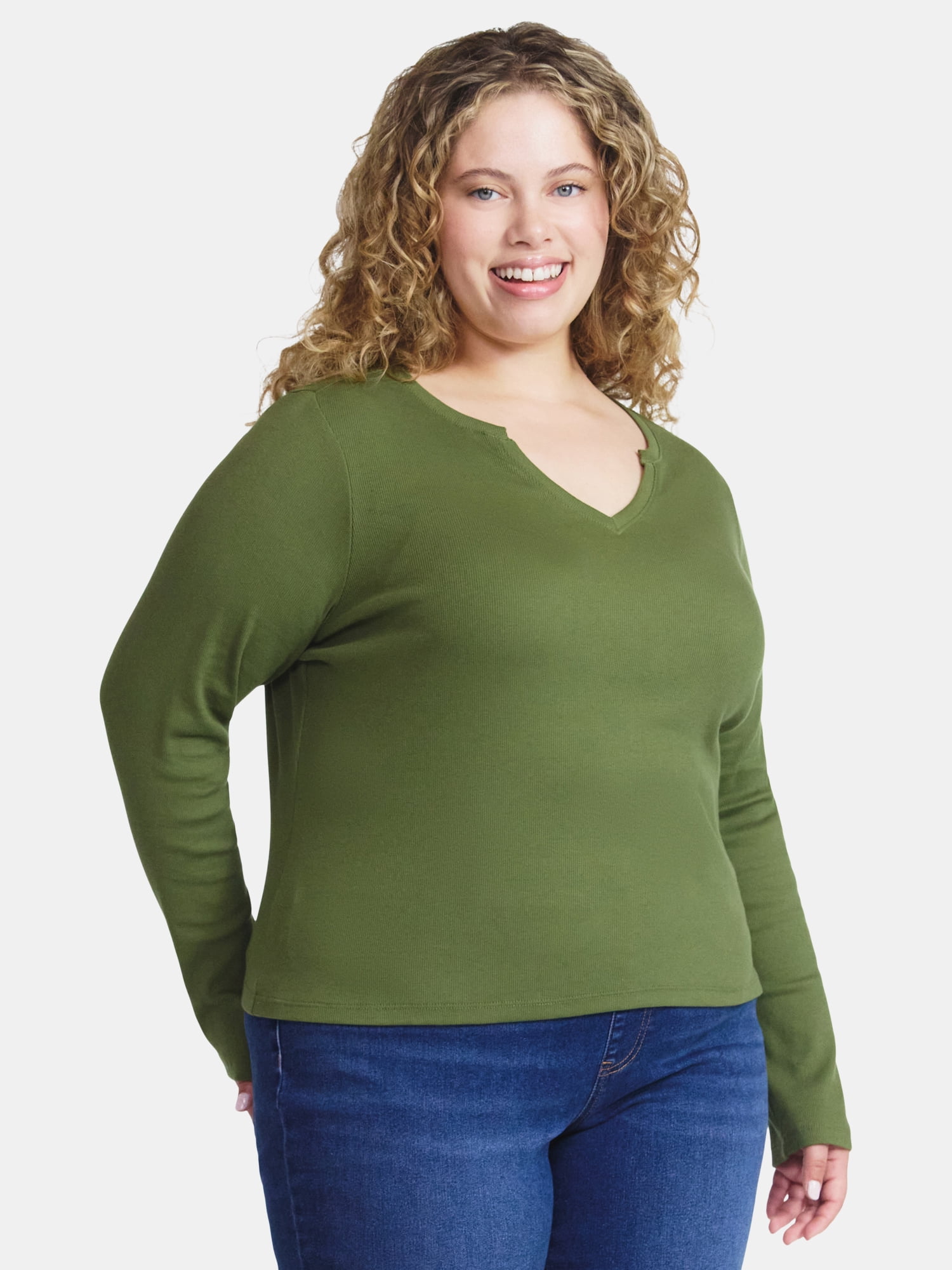 Terra & Sky Women's Plus Long Sleeve Notch Neck Top