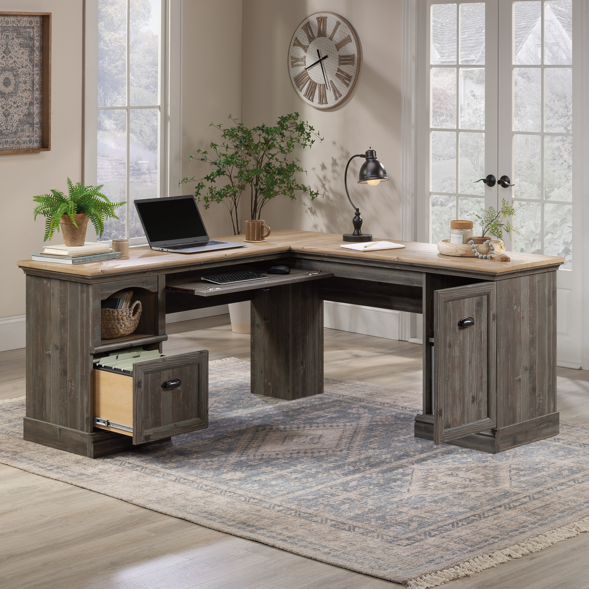 Sauder Sonnet Springs L-Shaped Desk, Pebble Pine Finish
