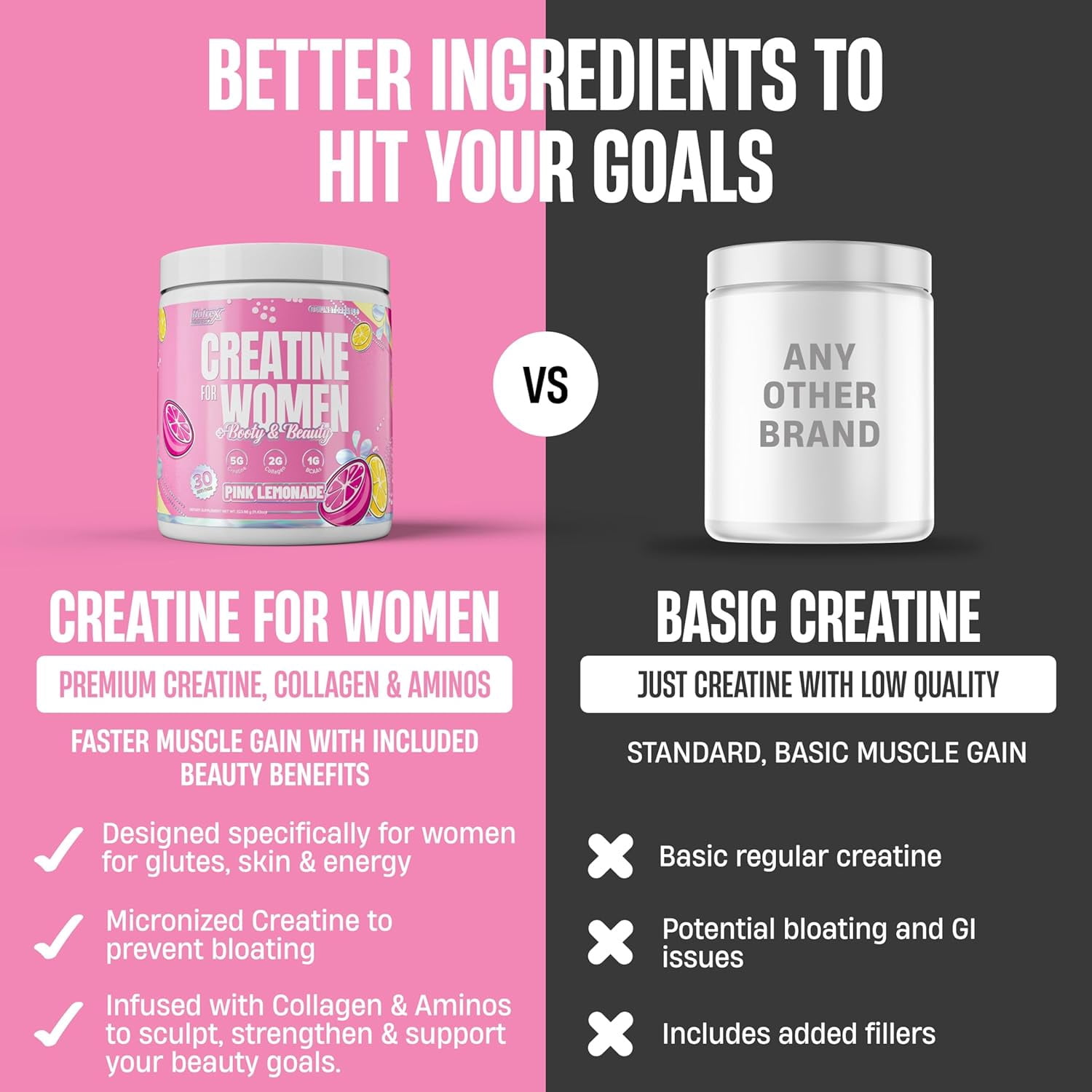 Creatine for Women Booty & Beauty – Pink Lemonade | 5g Creatine, 2g Collagen, BCAAs & Hyaluronic Acid for Glutes, Strength & Skin Nutrex Research 30 Servings)