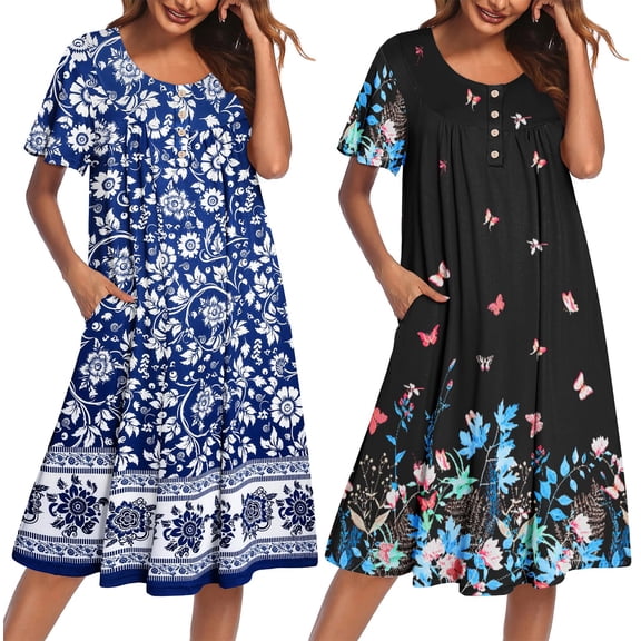 Ekouaer 2 Pack House Dresses for Women with Pockets Short Sleeve Moomoo Nightgown Plus Size Mumu Dress Floral Lounge Dress